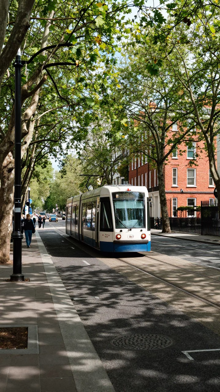 Dublin tram on tree-lined boulevard at midday with street details in in Dublin, Ireland