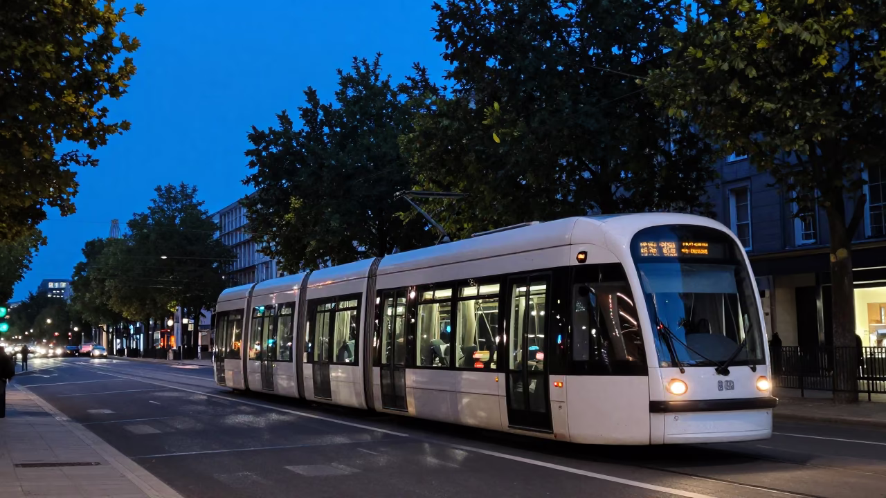 Dublin Tramcar on Tree-Lined Boulevard at Blue Hour After Sunset in in Dublin, Ireland