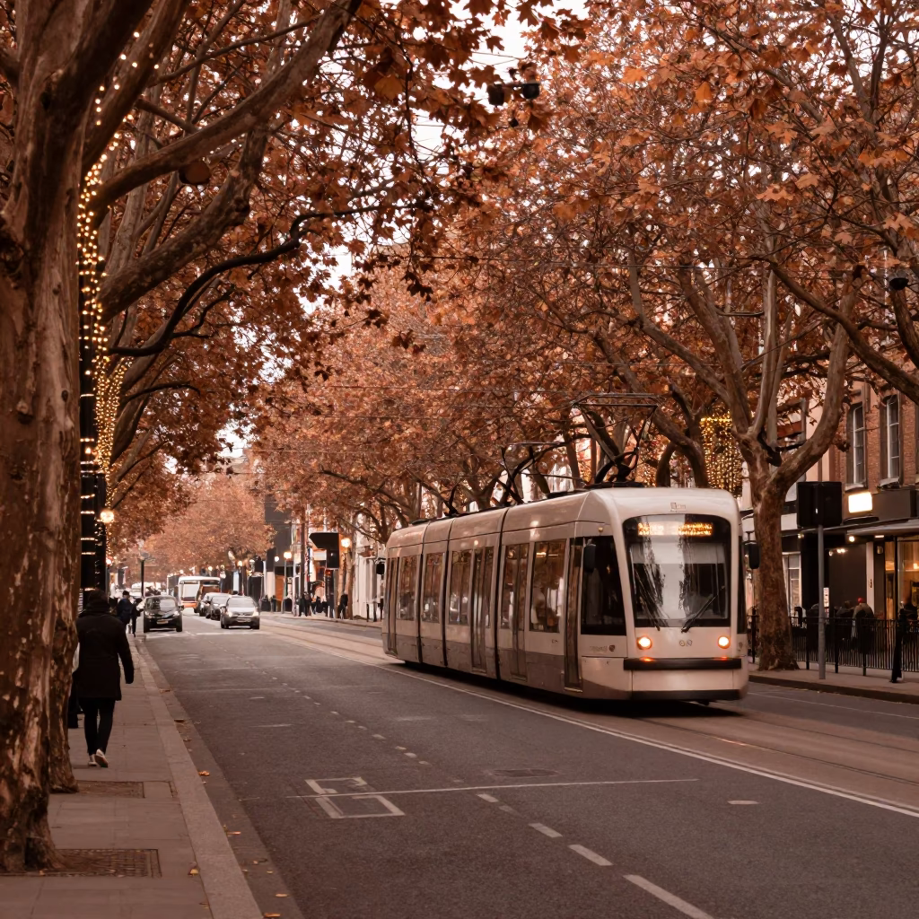 Dublin Tramcar Passing Tree Lined Boulevard in Copper Toned Light Before Dusk in in Dublin, Ireland