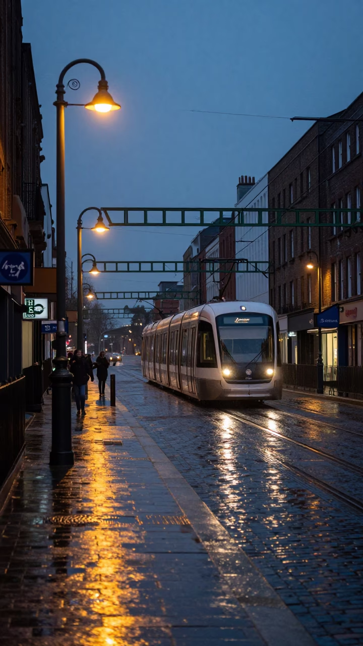 Dublin Twilight Street Scene with Monorail and Rain-Slicked Pavement in in Dublin, Ireland