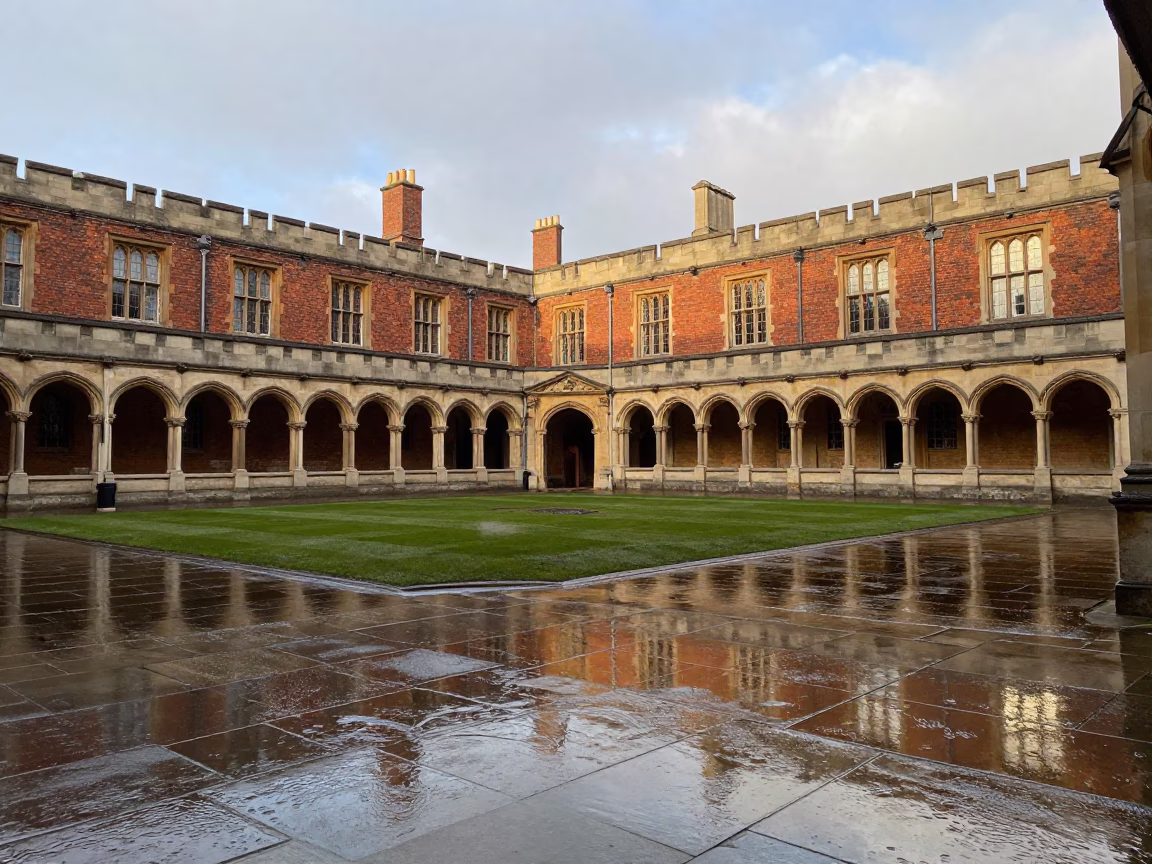 Dublin University Cloister Wet Flagstones Late Afternoon Rain Reflection in in Dublin, Ireland