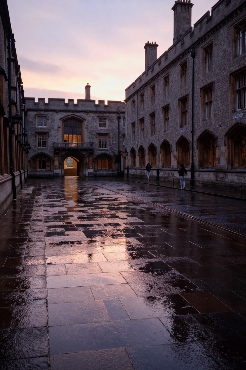 Dublin University Cloister Wet Flagstones Nautical Dawn Rain Reflections in in Dublin, Ireland