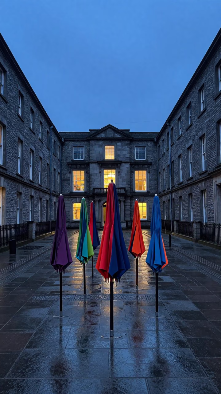 Dublin University Courtyard Indigo Twilight Umbrellas Between Seminar Blocks in in Dublin, Ireland