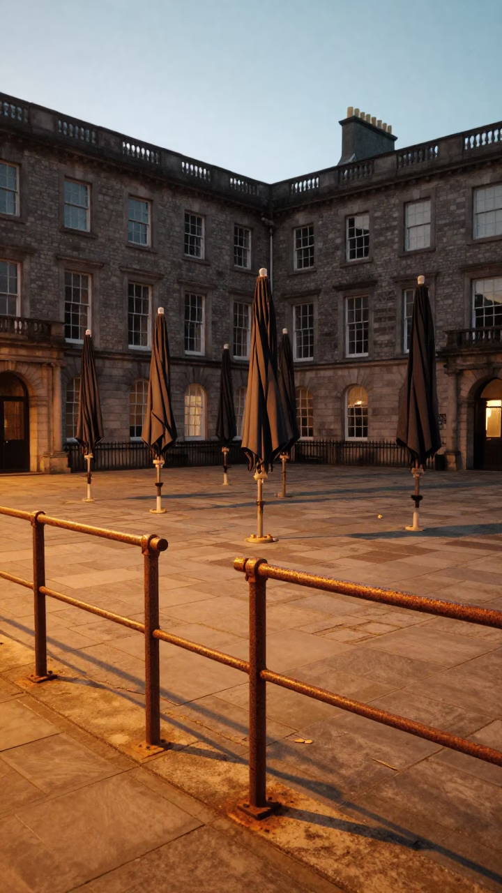 Dublin University Courtyard Umbrellas Evening Light Rust Metal Pedestrian Overpass in in Dublin, Ireland