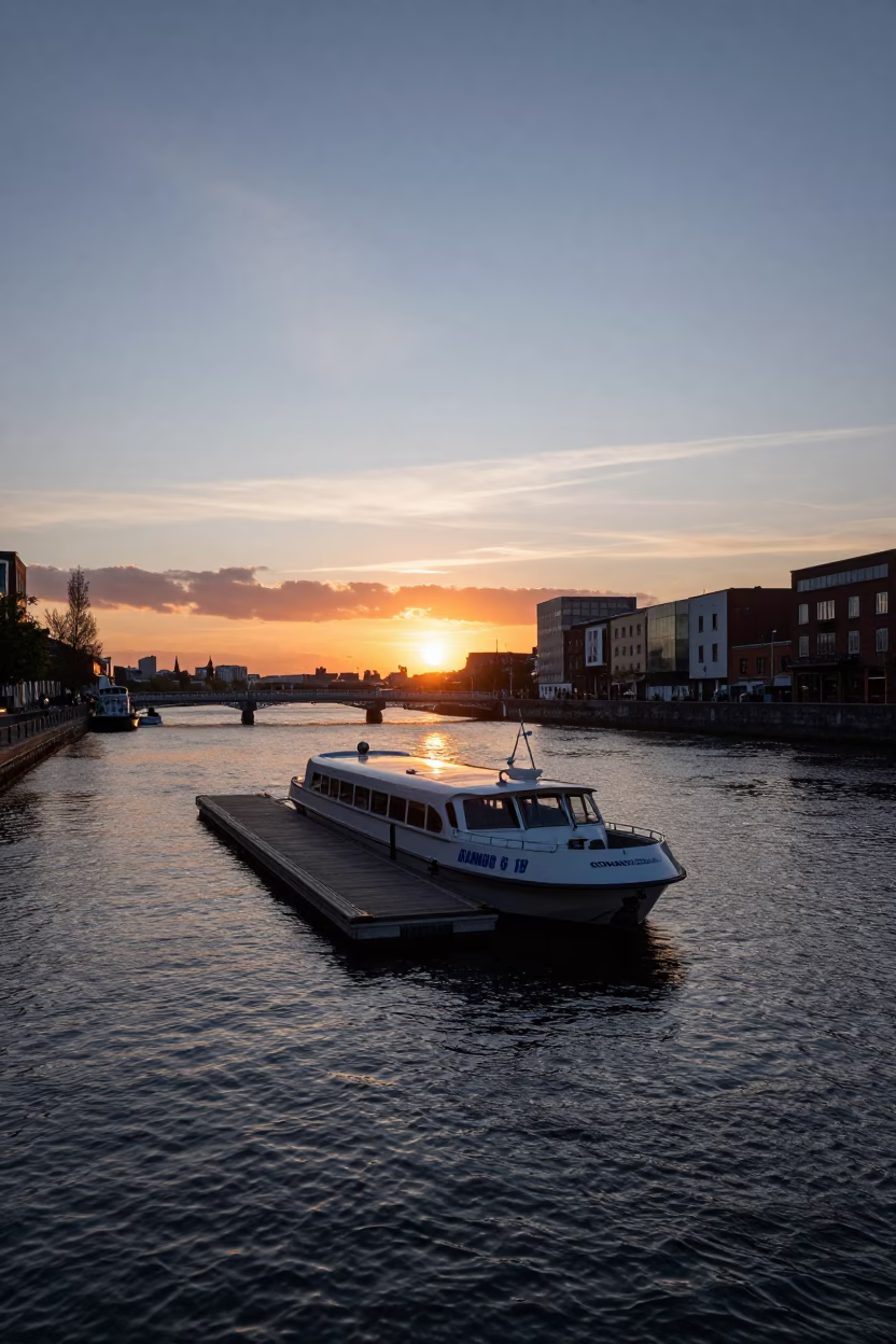 Dublin Water Taxi at Floating Dock During Sunset Over Liffey River in in Dublin, Ireland