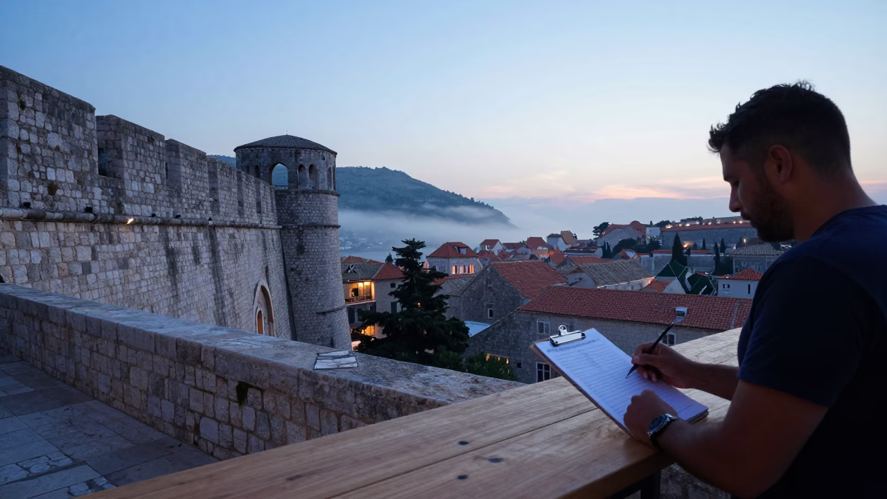 Dubrovnik Before Dawn Stone Walls Olive Branch Clipboard and Early Morning Cityscape in in Dubrovnik, Croatia