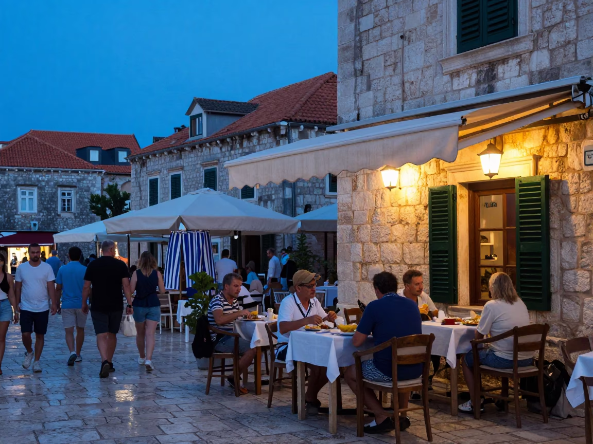Dubrovnik Blue Hour Street Scene with Local Dining and Striped Fabric in in Dubrovnik, Croatia