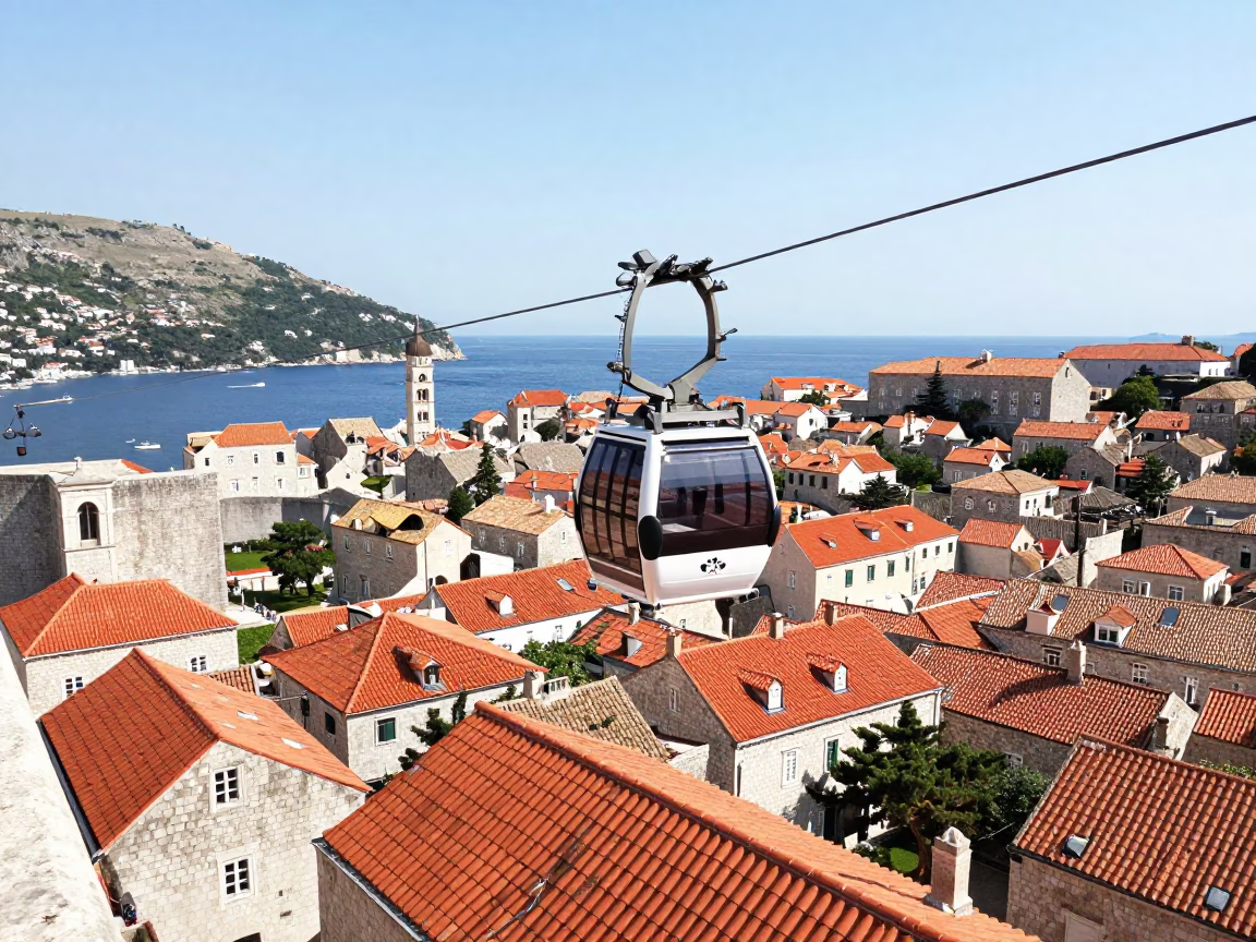 Dubrovnik Cable Car Over City at Noon with Tourists on Platform in in Dubrovnik, Croatia