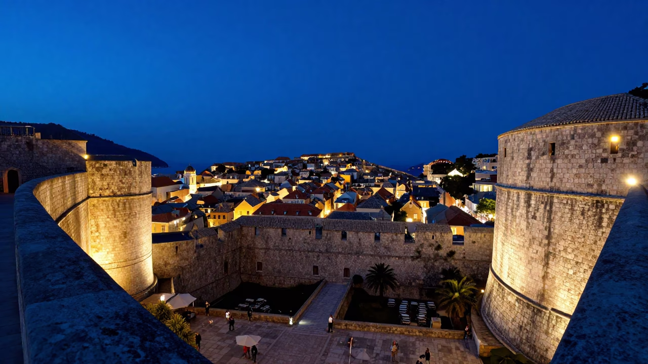 Dubrovnik City Lights Glow Over Ancient Stone Walls and Local Street Scene in in Dubrovnik, Croatia