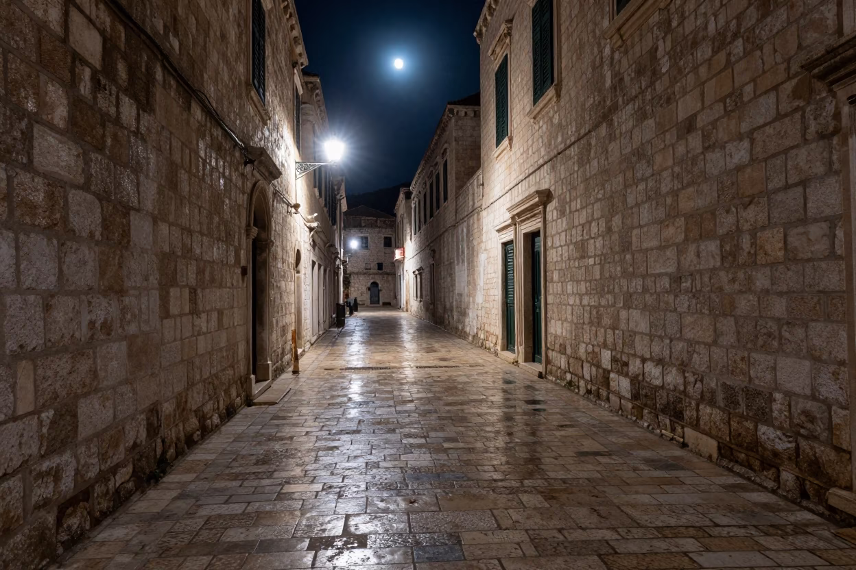 Dubrovnik Cobblestone Street at Late At Night Light in in Dubrovnik, Croatia