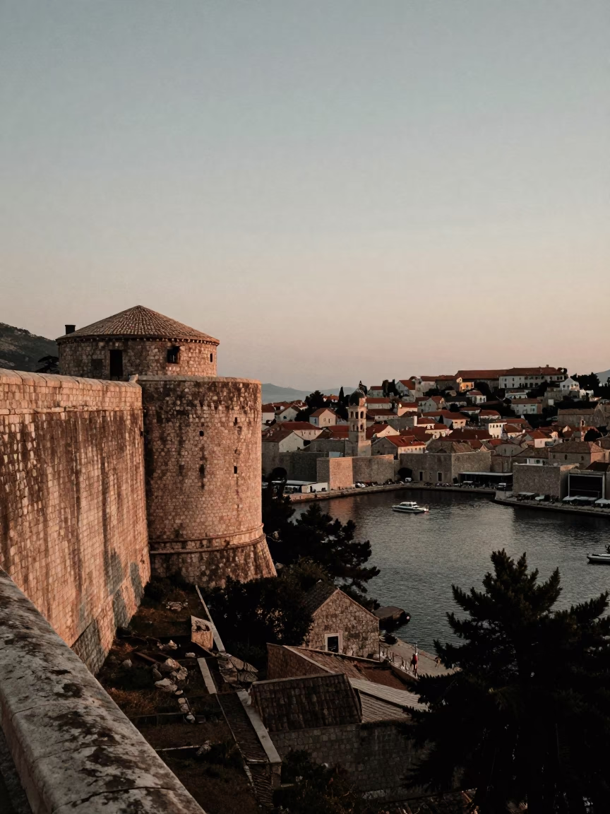 Dubrovnik Croatia Before Dawn Ancient Stone Walls and Dark Harbor Waters in in Dubrovnik, Croatia