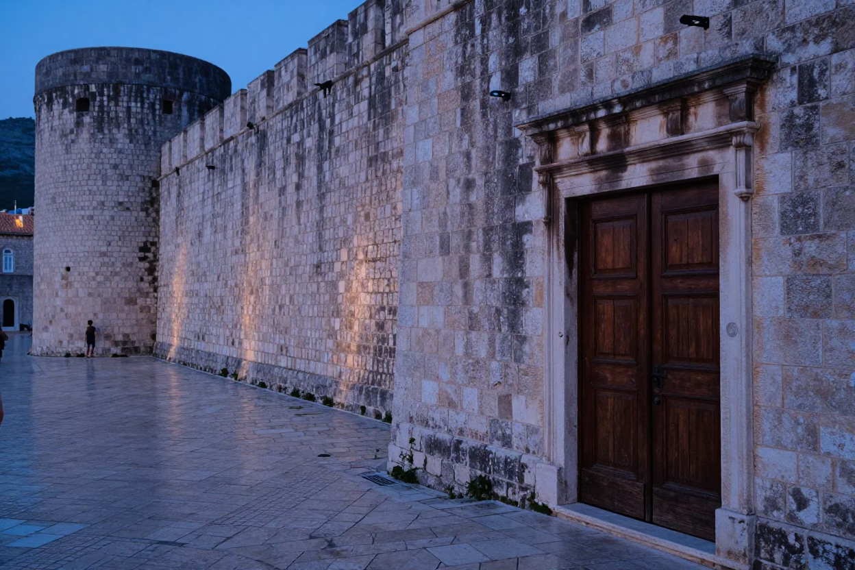 Dubrovnik Croatia before dawn historic walls and quiet cobblestone streets in in Dubrovnik, Croatia