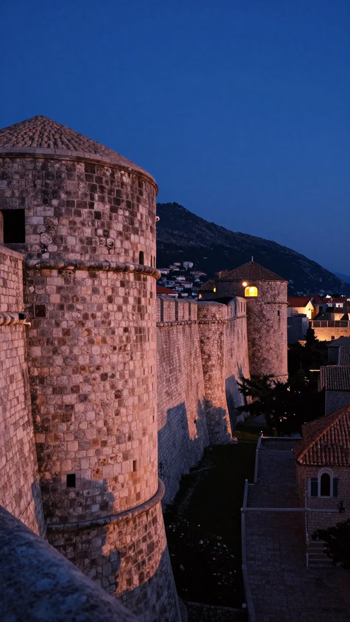 Dubrovnik Croatia Before Dawn Light on Ancient Stone Walls and Harbor in in Dubrovnik, Croatia