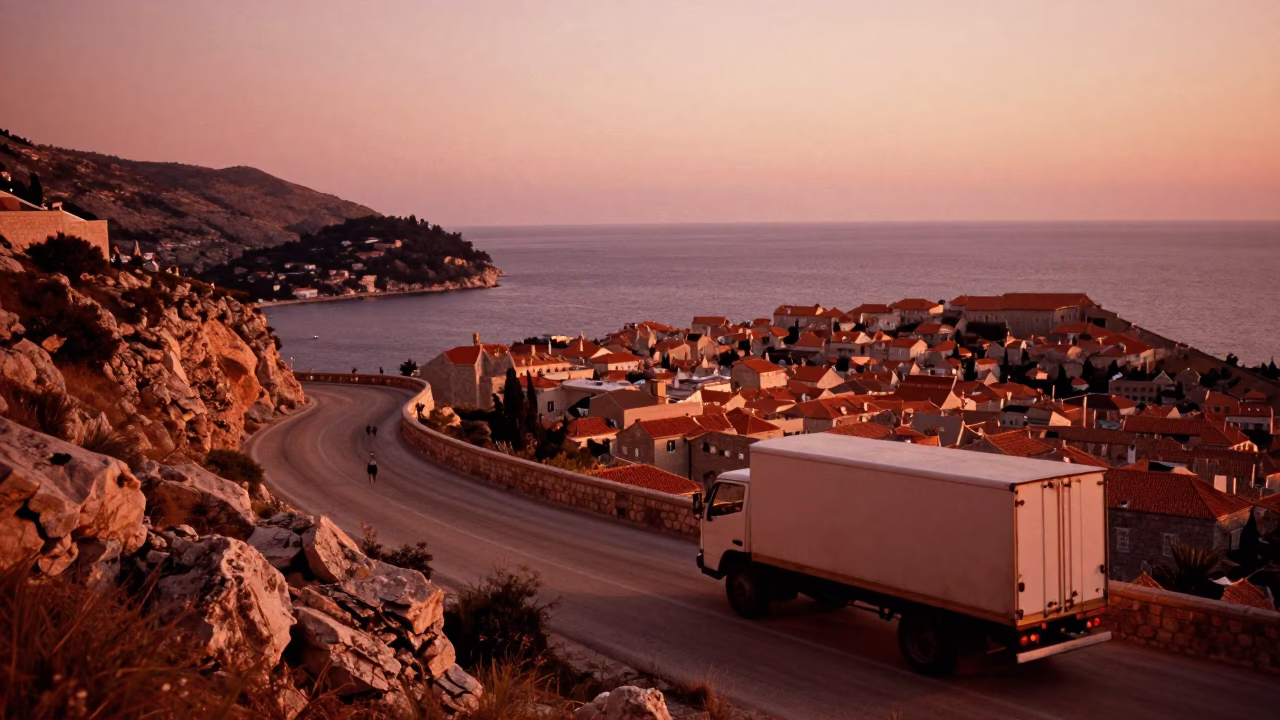 Dubrovnik Croatia Before Dusk Copper Toned Light Overloaded Truck On Mountain Road in in Dubrovnik, Croatia