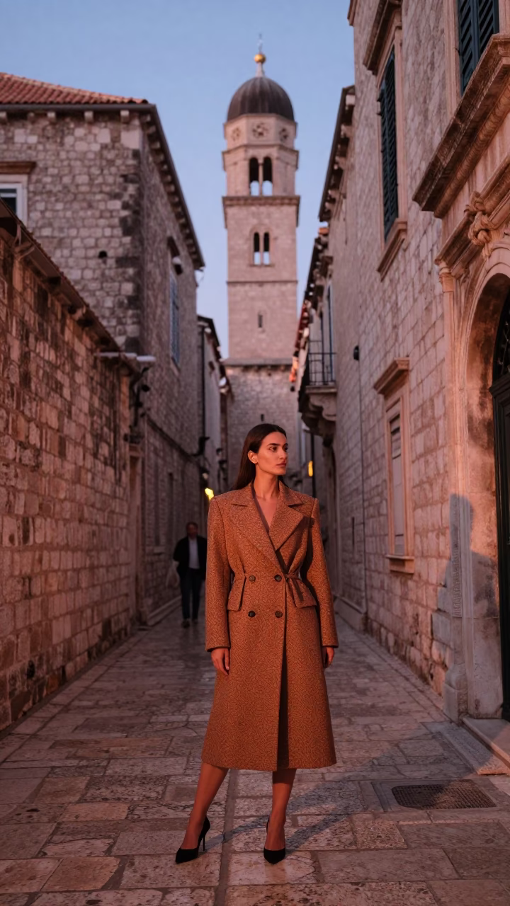 Dubrovnik Croatia Before Dusk High Fashion Street Style in Copper Light in in Dubrovnik, Croatia