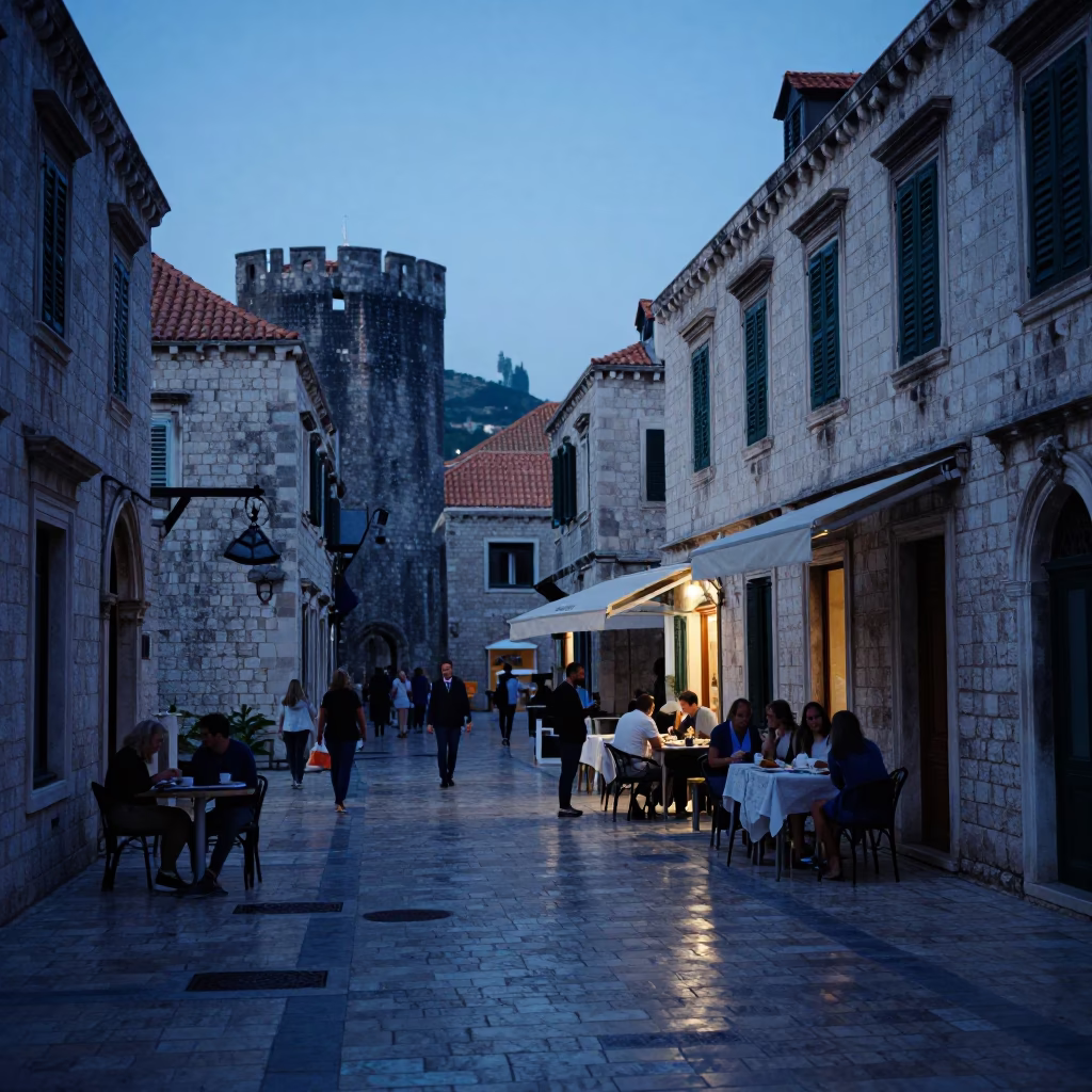 Dubrovnik Croatia Before Sunrise Street Scene With Local Morning Rituals in in Dubrovnik, Croatia