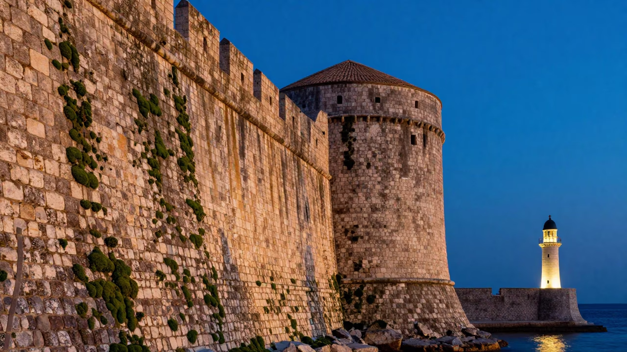 Dubrovnik Croatia Blue Hour Mossy Stone Wall and Harbor Beacon Evening Scene in in Dubrovnik, Croatia