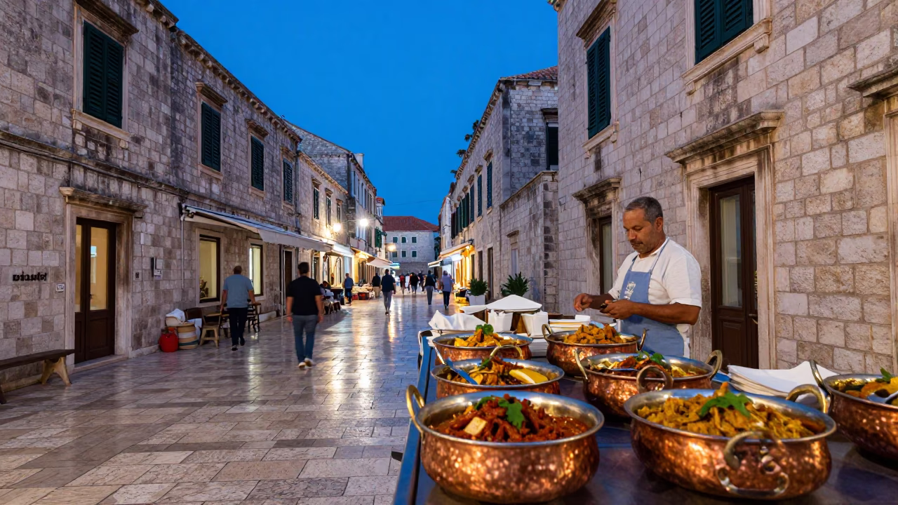 Dubrovnik Croatia Blue Hour Street Scene with Copper Bowls and Local Dining in in Dubrovnik, Croatia