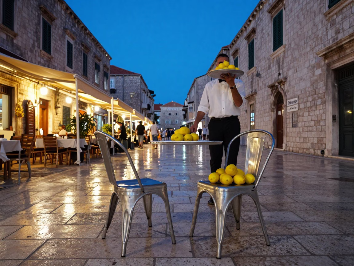 Dubrovnik Croatia Blue Hour Street Scene with Lemons and Brushed Steel Chair in in Dubrovnik, Croatia