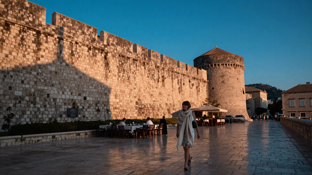 Dubrovnik Croatia Blue Hour Street Scene with Linen Scarf and Stone Walls in in Dubrovnik, Croatia