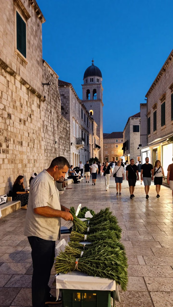 Dubrovnik Croatia Blue Hour Street Scene with Local Herb Vendor and Tourists in in Dubrovnik, Croatia