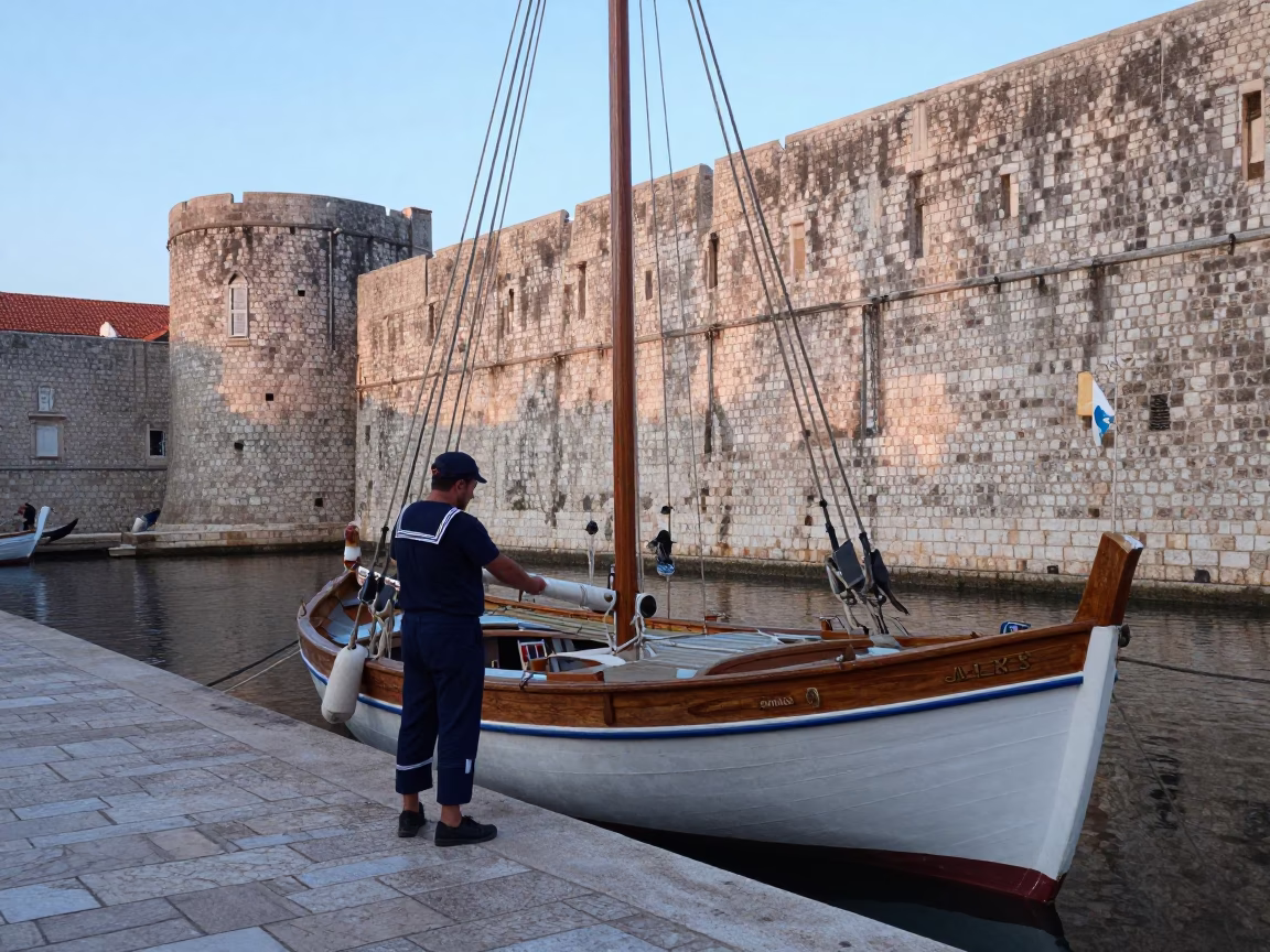 Dubrovnik Croatia Blue Hour Street Scene with Sailor and Old Stone Walls in in Dubrovnik, Croatia