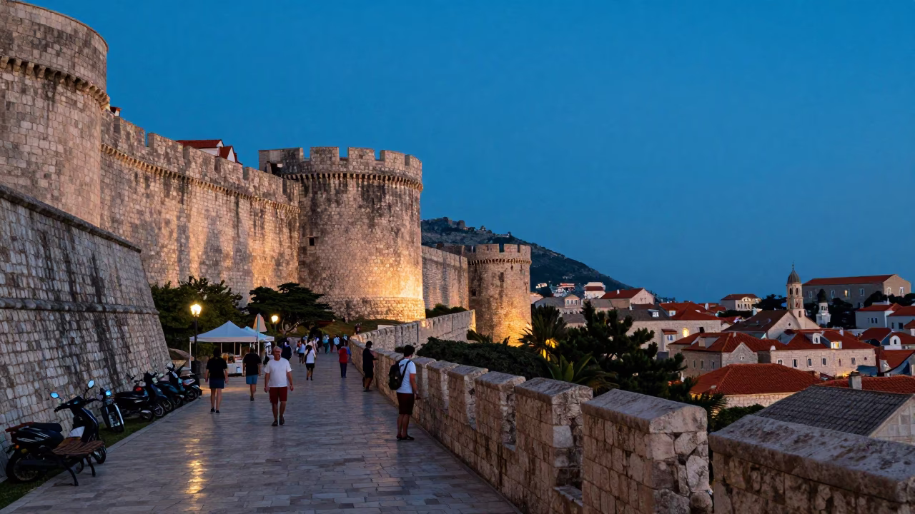 Dubrovnik Croatia Blue Hour Street Scene with Stone Walls and Evening Activity in in Dubrovnik, Croatia
