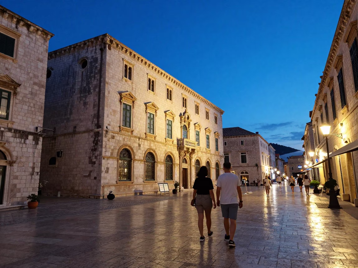 Dubrovnik Croatia Blue Hour Street Scene with Tourist and Traditional Architecture in in Dubrovnik, Croatia