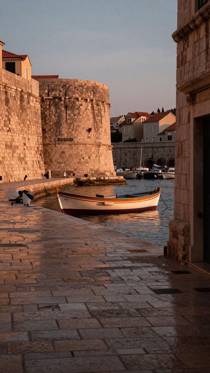 Dubrovnik Croatia copper dusk linen tile fishing boat stone street candid moment in in Dubrovnik, Croatia
