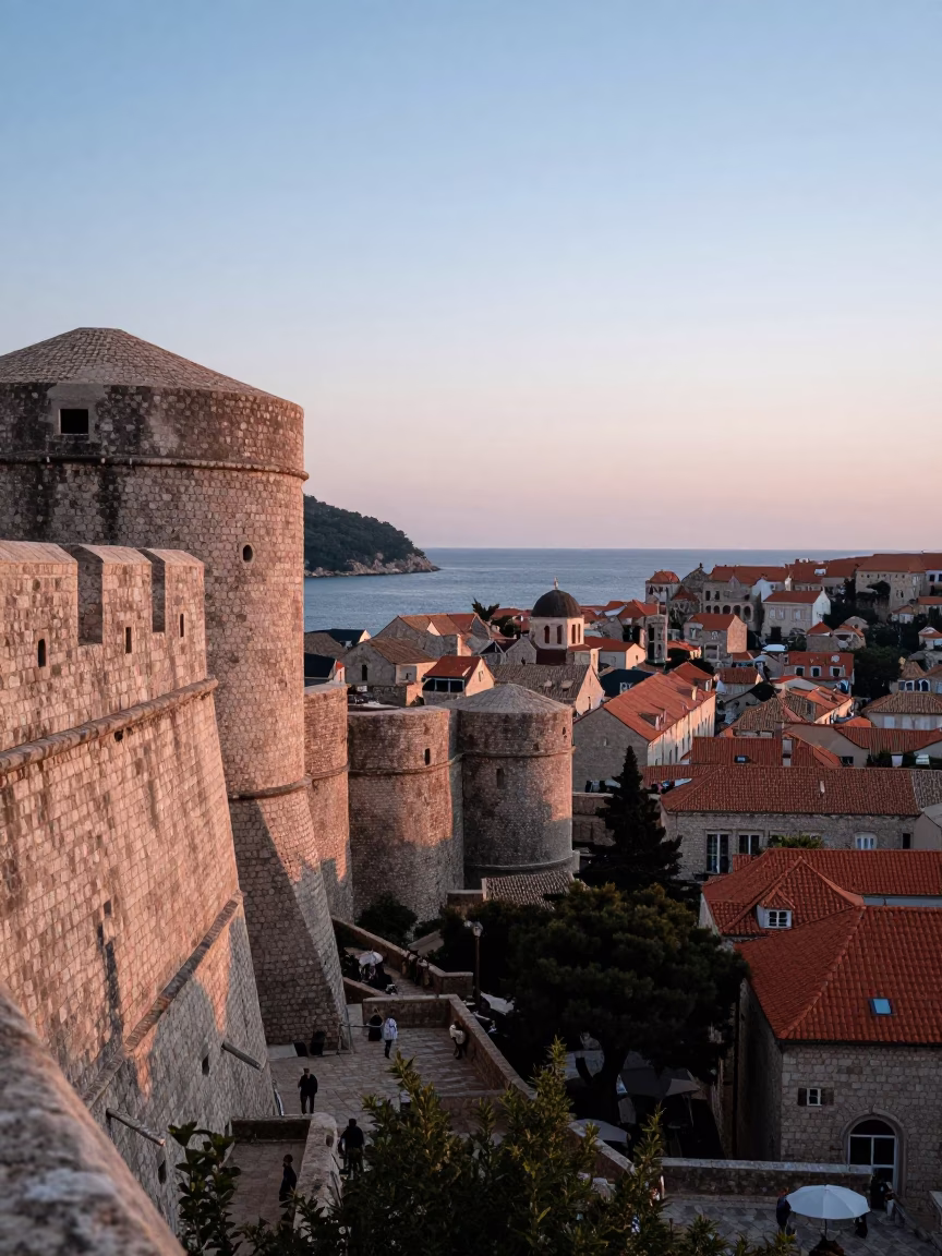 Dubrovnik Croatia Dawn First Light Old Town Stone Walls and Harbor in in Dubrovnik, Croatia