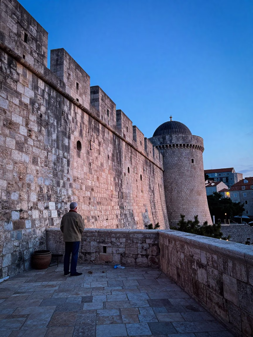 Dubrovnik Croatia Dawn Light on Ancient Stone Walls and Local Morning Routine in in Dubrovnik, Croatia