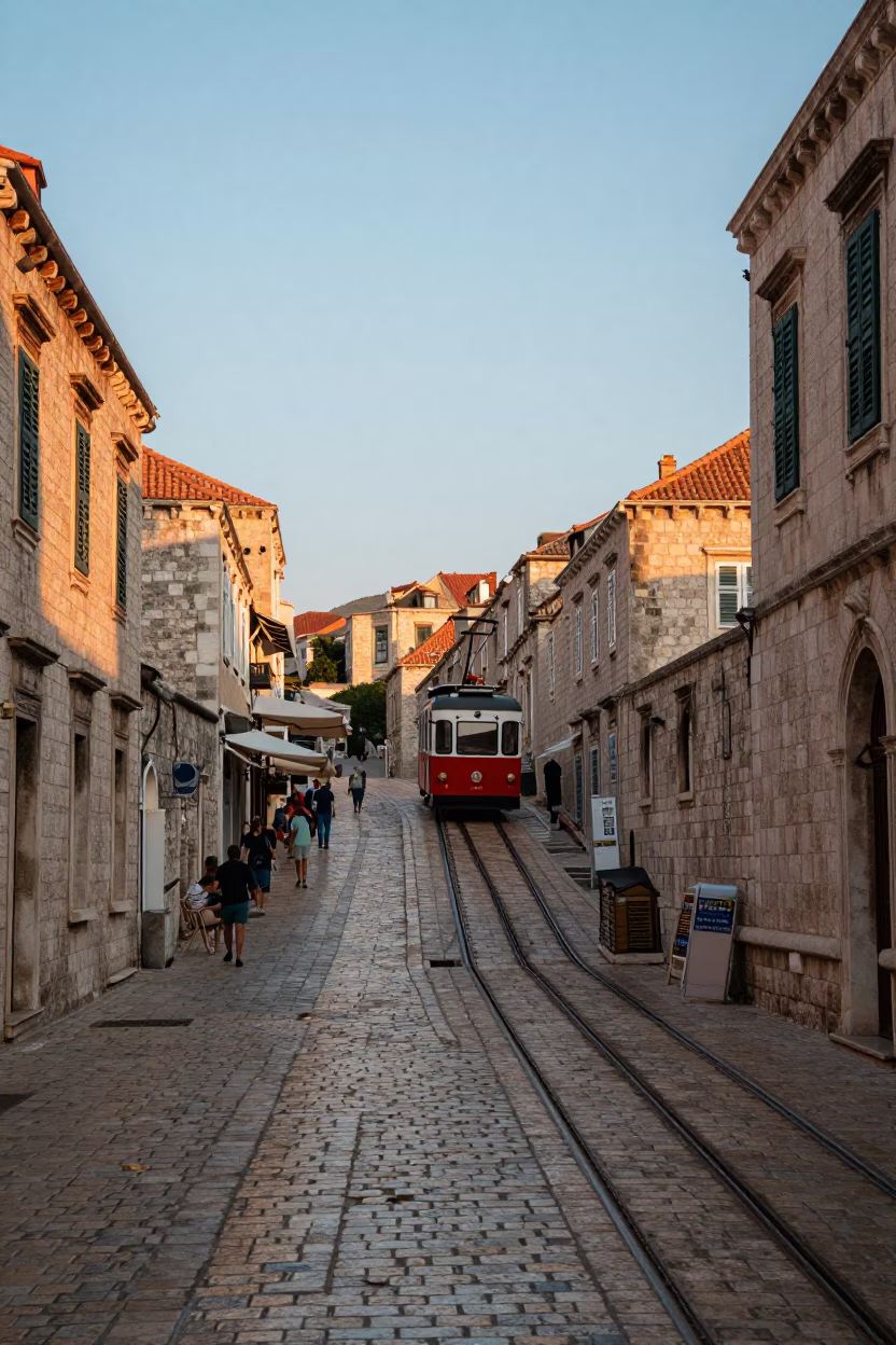 Dubrovnik Croatia Dawn Street Scene with Funicular Railway and Local Life in in Dubrovnik, Croatia