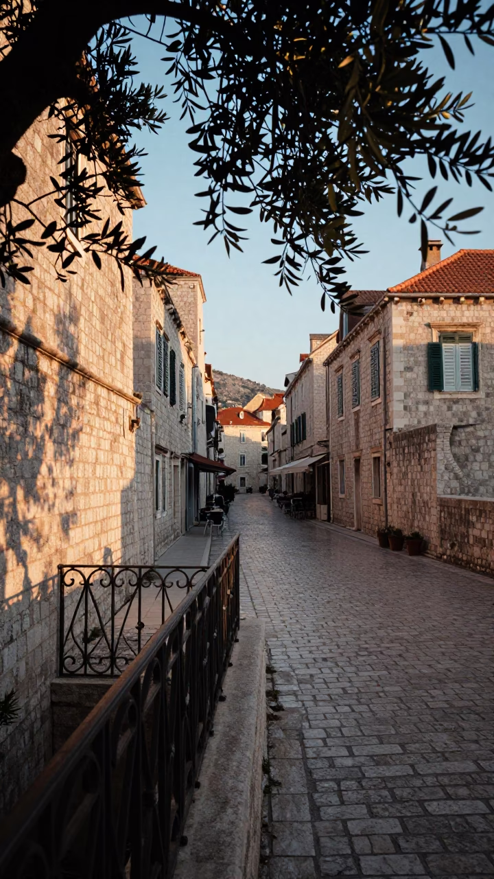 Dubrovnik Croatia Dawn Street Scene with Leaf Shadows and Local Market Activity in in Dubrovnik, Croatia