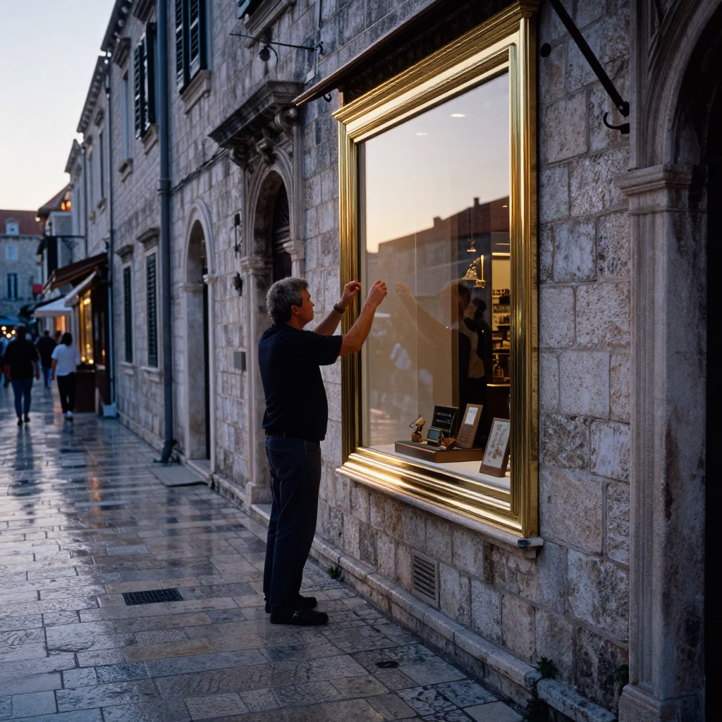 Dubrovnik Croatia Dawn Street Scene with Polished Brass Frame Reflection in in Dubrovnik, Croatia