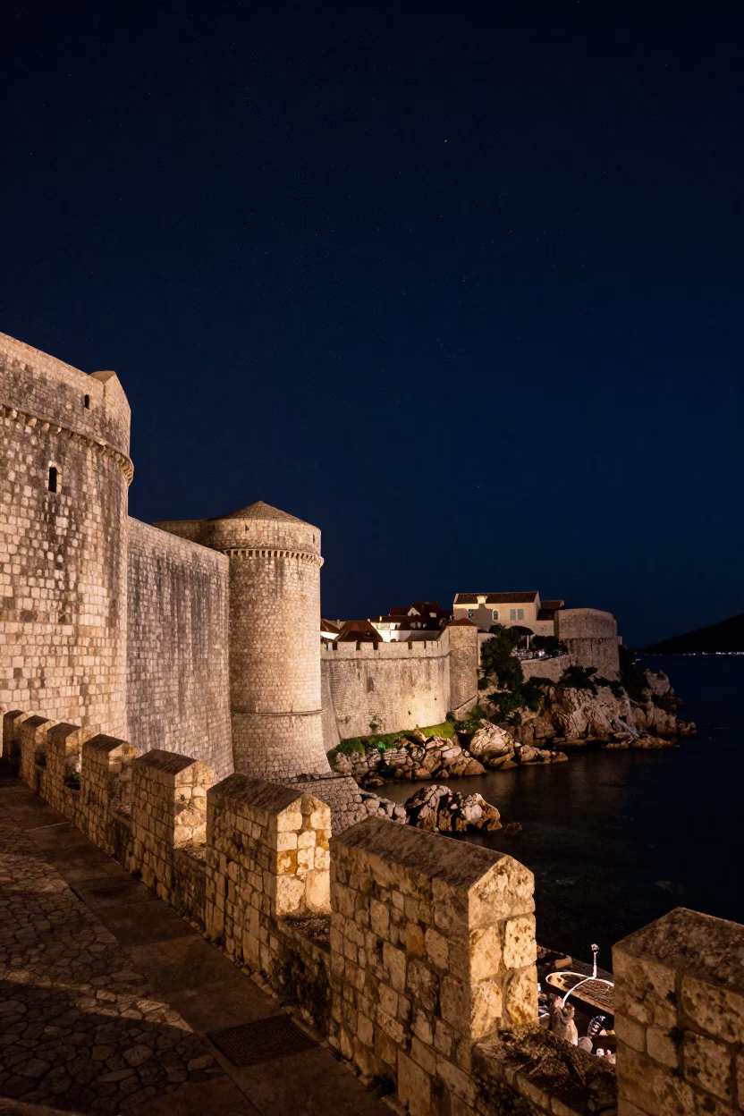 Dubrovnik Croatia Deep Night Sky Over Ancient Stone Walls and Coastal Harbor in in Dubrovnik, Croatia