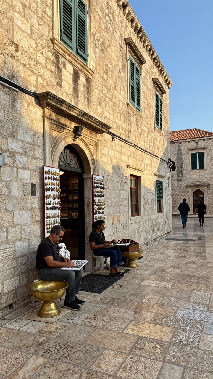 Dubrovnik Croatia Early Afternoon Street Scene with Local Artisan and Tourist Interaction in in Dubrovnik, Croatia