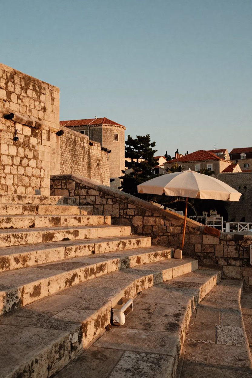 Dubrovnik Croatia Early Evening Stone Steps and Linen Umbrella in in Dubrovnik, Croatia