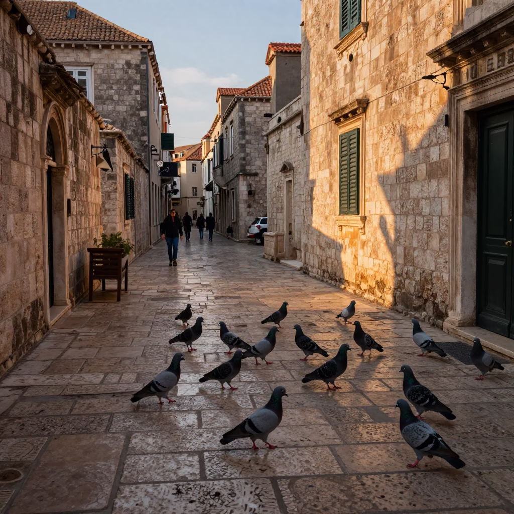 Dubrovnik Croatia Early Evening Street Scene with Pigeons on Ancient Stone Steps in in Dubrovnik, Croatia