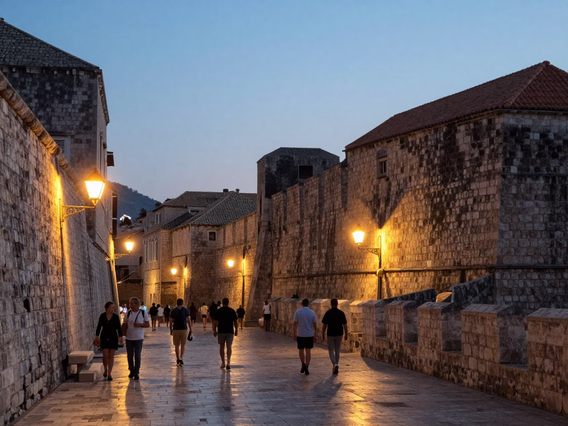 Dubrovnik Croatia Early Evening Street Scene with Tourists and Stone Architecture in in Dubrovnik, Croatia