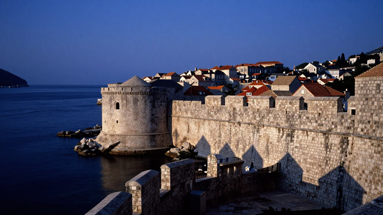 Dubrovnik Croatia Evening Blue Hour Old Town Stone Wall and Sea View in in Dubrovnik, Croatia