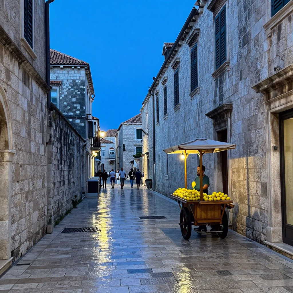 Dubrovnik Croatia Evening Blue Hour Street Scene with Lemons and Cargo Ship Horizon in in Dubrovnik, Croatia