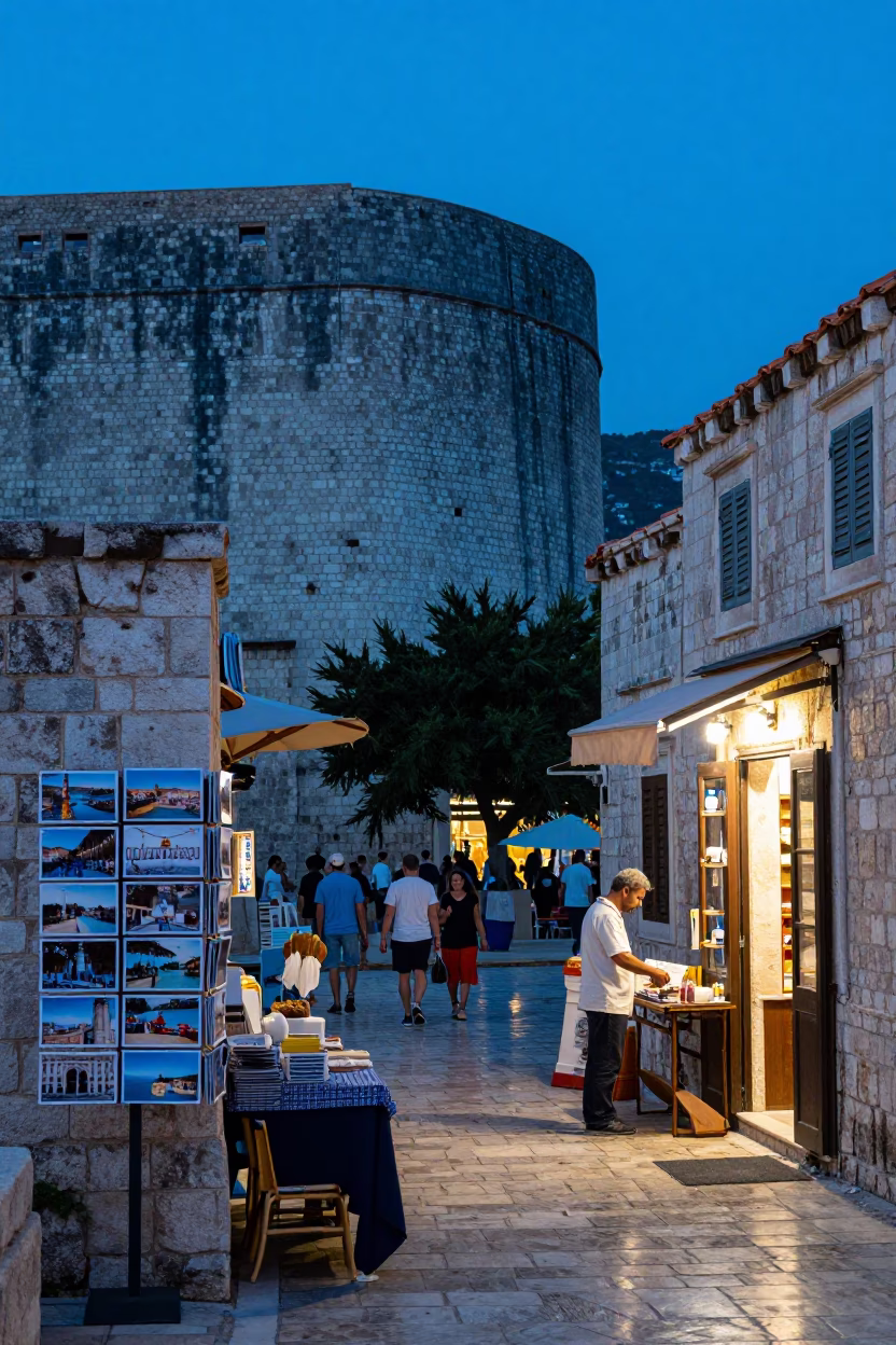Dubrovnik Croatia Evening Blue Hour Street Scene with Postcards and Local Culture in in Dubrovnik, Croatia