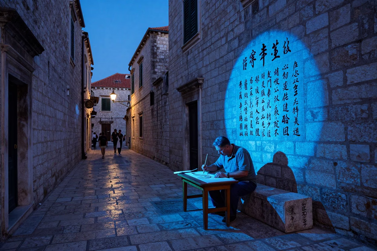 Dubrovnik Croatia Evening Blue Light Traditional Calligraphy Demonstration Ancient Stone in in Dubrovnik, Croatia