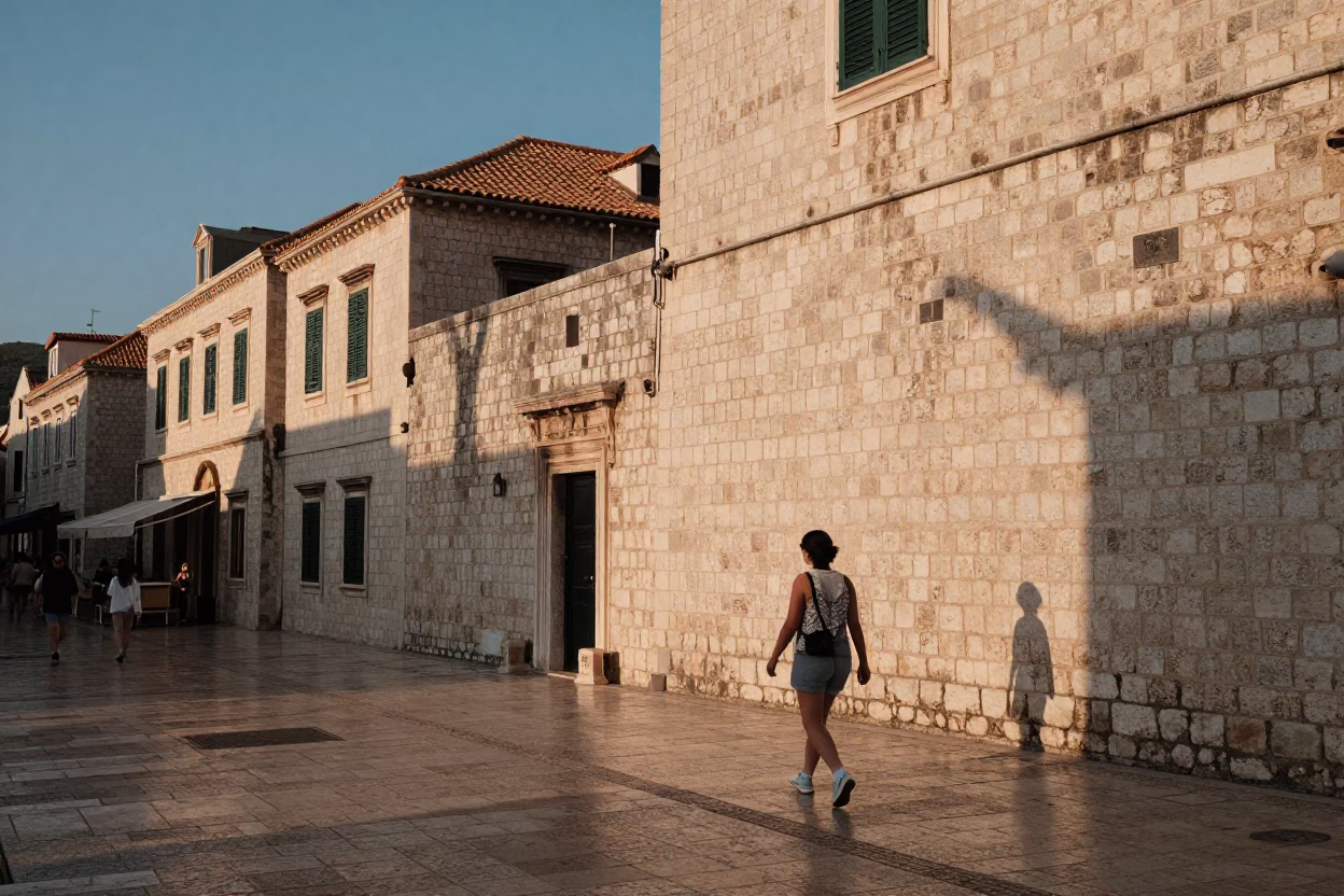 Dubrovnik Croatia Evening Light Stone Wall Street Scene with Local Life in in Dubrovnik, Croatia