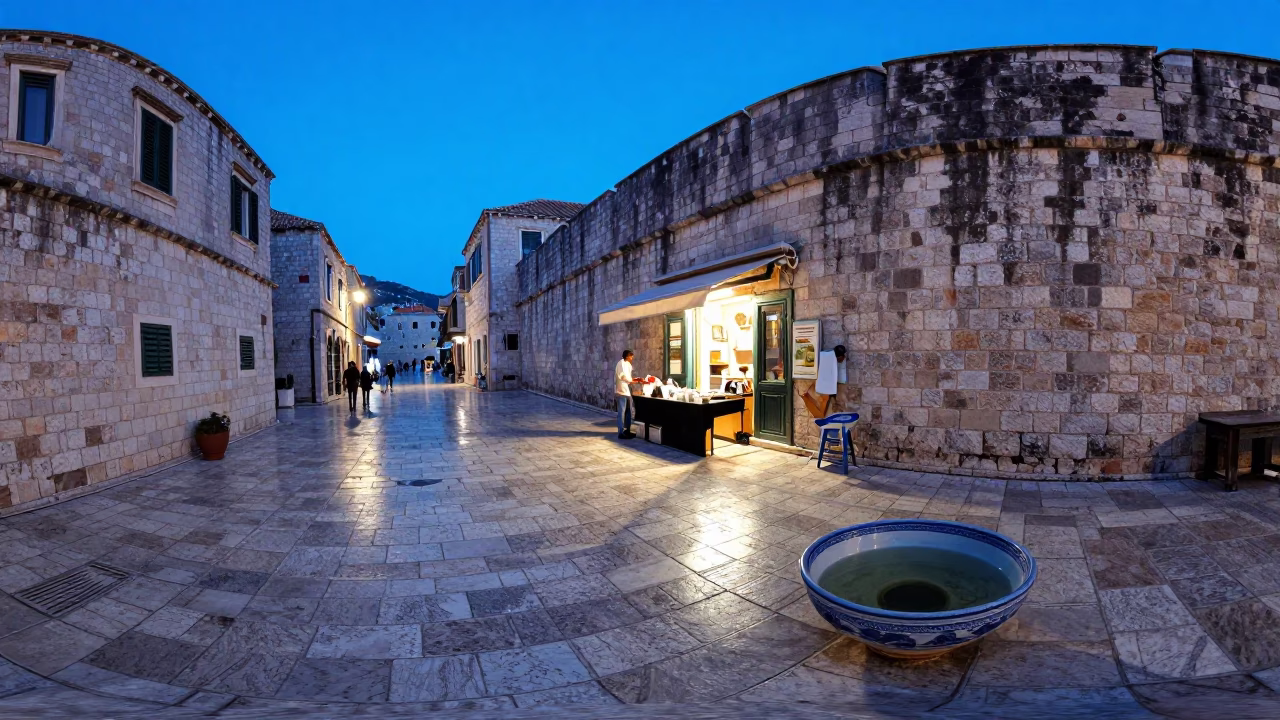 Dubrovnik Croatia Evening Street Scene with Ceramic Bowl and Water Bottle in in Dubrovnik, Croatia
