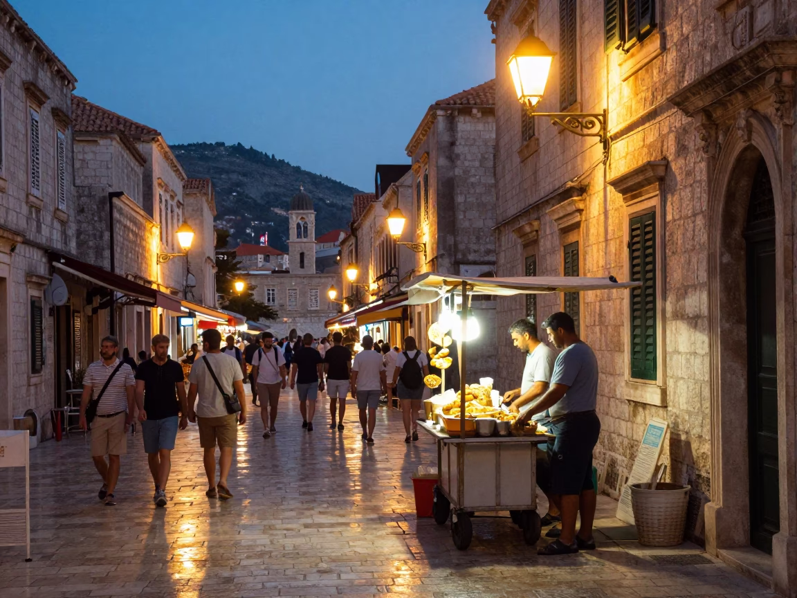 Dubrovnik Croatia Evening Street Scene with Local Food and City Lights in in Dubrovnik, Croatia