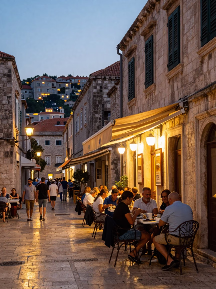 Dubrovnik Croatia evening street scene with locals dining outside near ancient stone walls in in Dubrovnik, Croatia