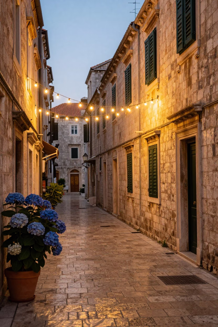 Dubrovnik Croatia Evening Street Scene with String Lights and Hydrangeas in in Dubrovnik, Croatia