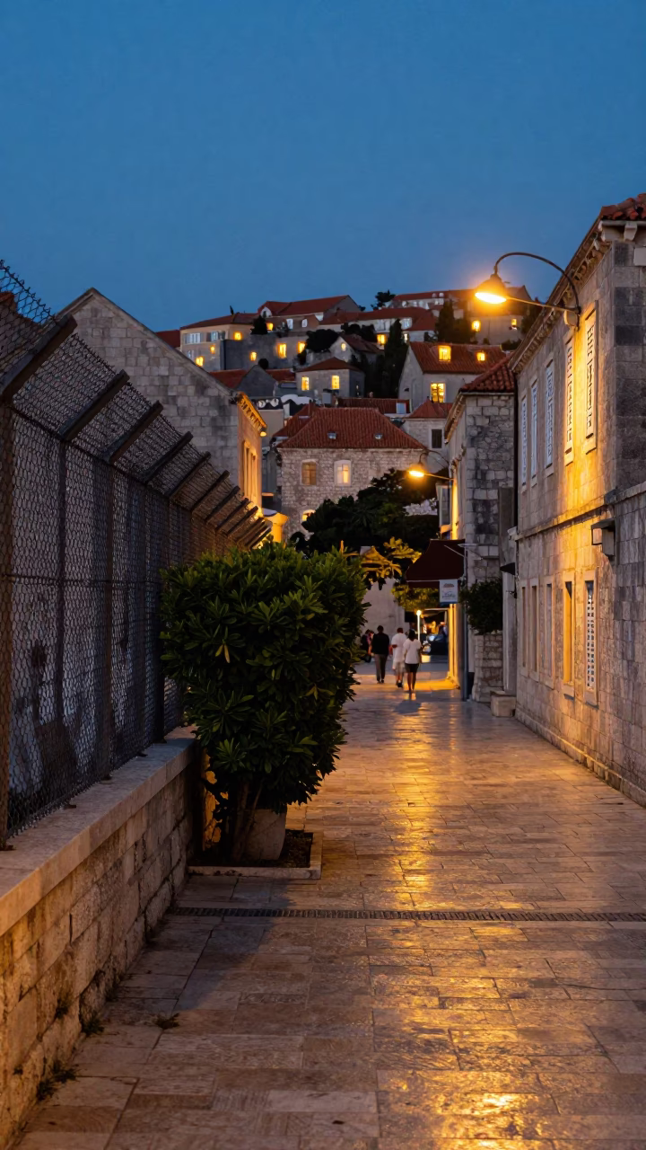 Dubrovnik Croatia Evening Street Scene with Substation Fence and Boxwood Hedges in in Dubrovnik, Croatia