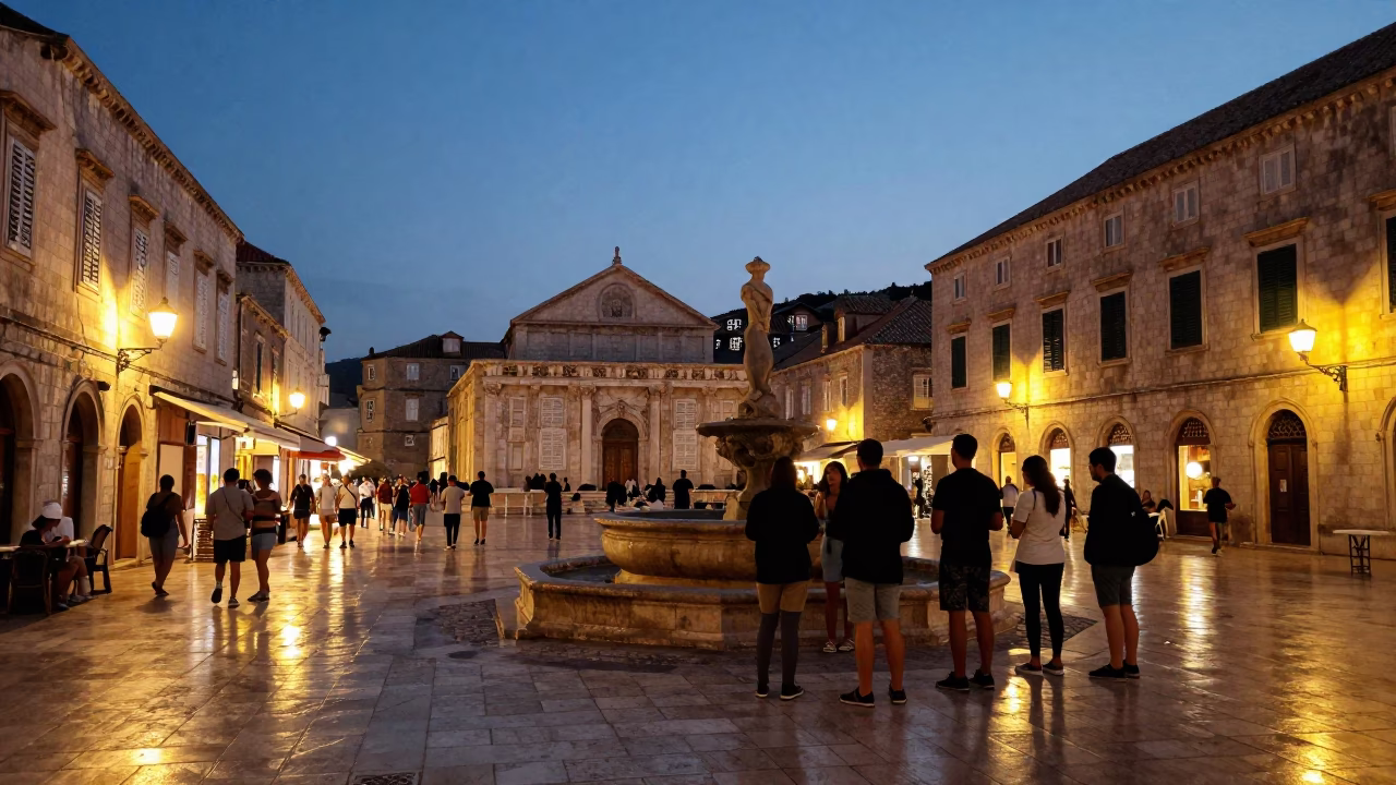 Dubrovnik Croatia evening street scene with tourists and local architecture at dusk in in Dubrovnik, Croatia